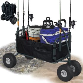 GDLF Fishing Cart Beach Carts Heavy Duty Foldable Collapsible Wagon with Big Wheels and Rod Holders 550 Pound Capacity 53.9"x26. (Color: Black)